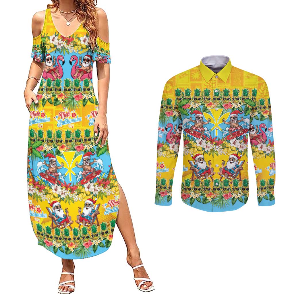 Hawaii Christmas Couples Matching Summer Maxi Dress and Long Sleeve Button Shirt Mele Kalikimaka Tropical Vibes LT05 Colorful - Polynesian Pride