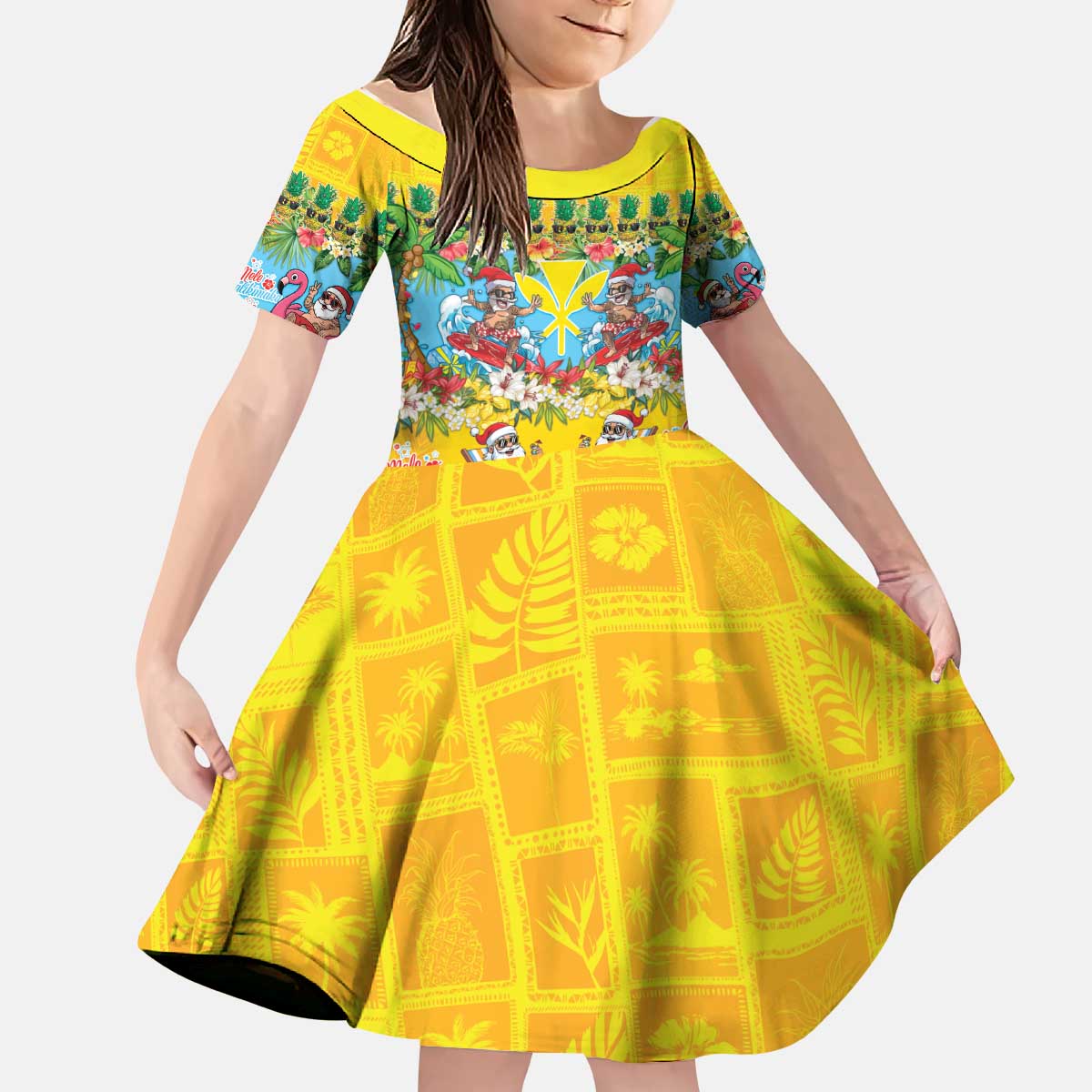 Hawaii Christmas Kid Short Sleeve Dress Mele Kalikimaka Tropical Vibes - Polynesian Pride