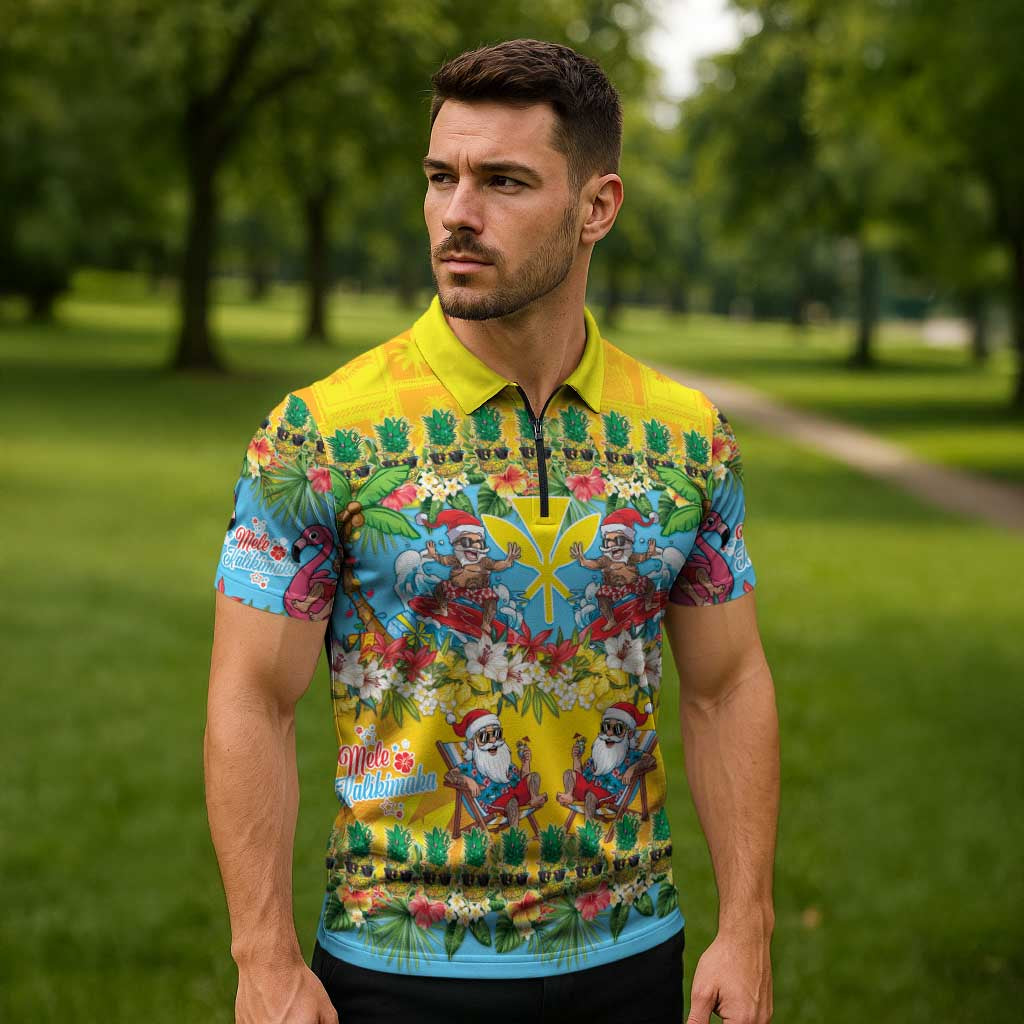 Hawaii Christmas Zipper Polo Shirt Mele Kalikimaka Tropical Vibes - Polynesian Pride