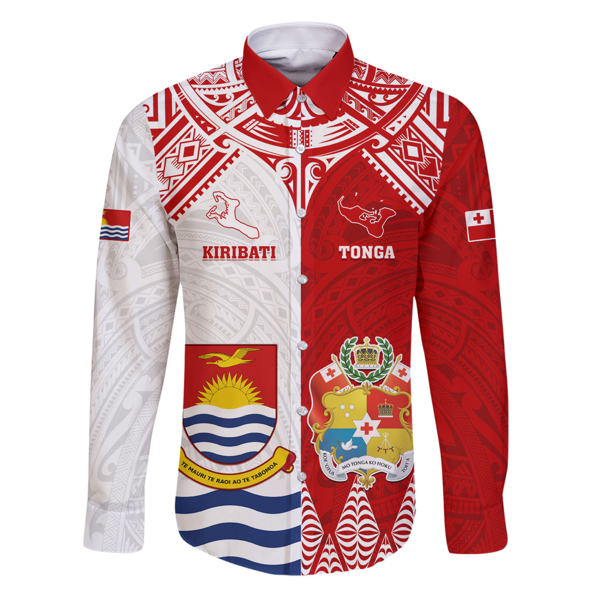 Personalised Tonga And Kiribati Family Matching Puletasi Dress and Hawaiian Shirt Coat Of Arms Polynesian Pattern LT05 Dad's Shirt - Long Sleeve Red - Polynesian Pride