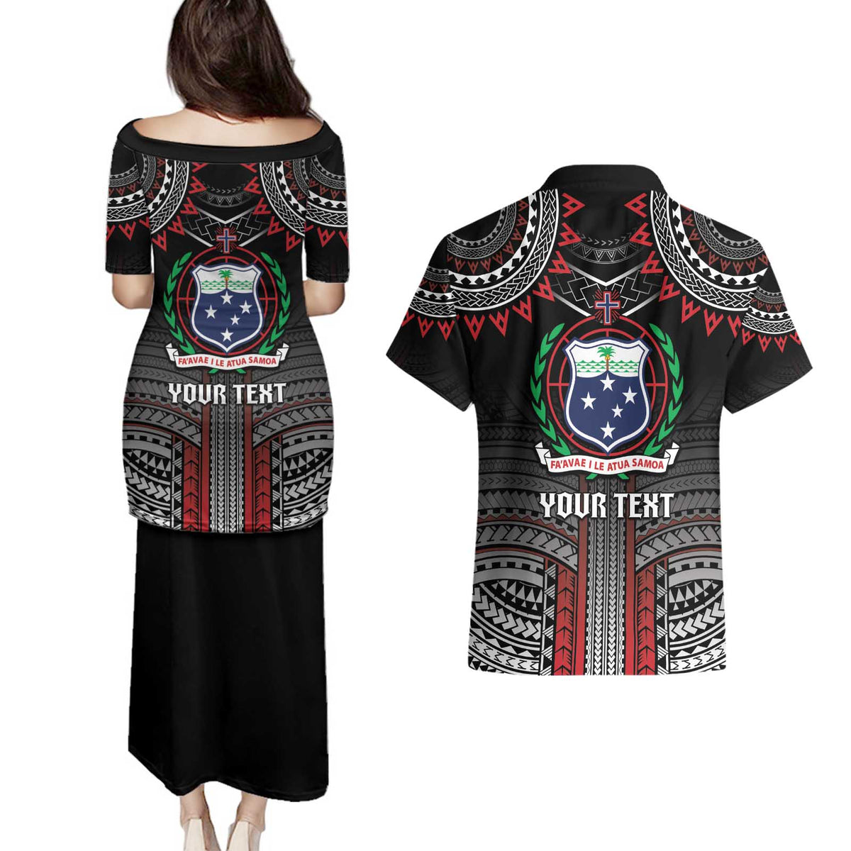 Personalised Samoa Black Saturday Couples Matching Puletasi and Hawaiian Shirt Samoan Warrior Tribal Pattern