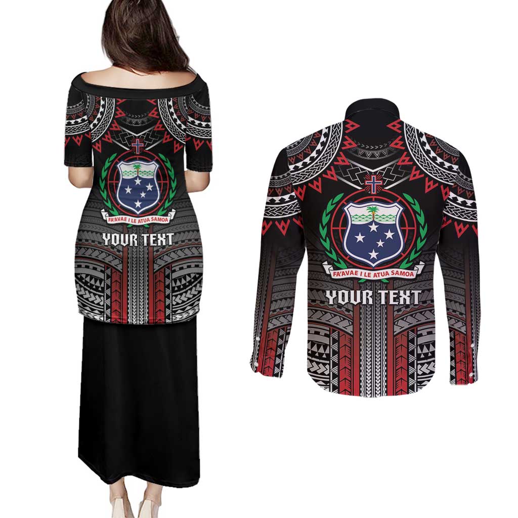 Personalised Samoa Black Saturday Couples Matching Puletasi and Long Sleeve Button Shirt Samoan Warrior Tribal Pattern