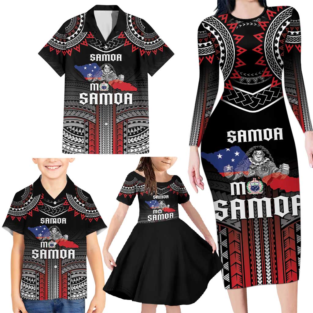 Personalised Samoa Black Saturday Family Matching Long Sleeve Bodycon Dress and Hawaiian Shirt Samoan Warrior Tribal Pattern LT05 - Polynesian Pride