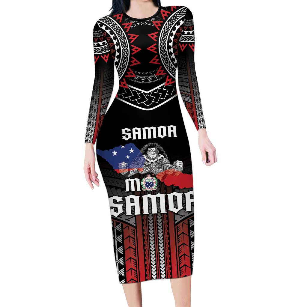 Personalised Samoa Black Saturday Family Matching Long Sleeve Bodycon Dress and Hawaiian Shirt Samoan Warrior Tribal Pattern LT05 Mom's Dress Black - Polynesian Pride