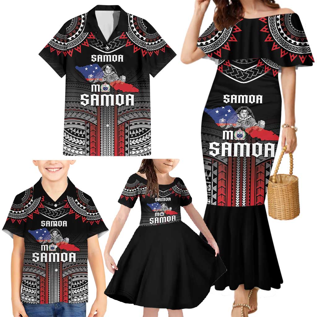 Personalised Samoa Black Saturday Family Matching Mermaid Dress and Hawaiian Shirt Samoan Warrior Tribal Pattern LT05 - Polynesian Pride