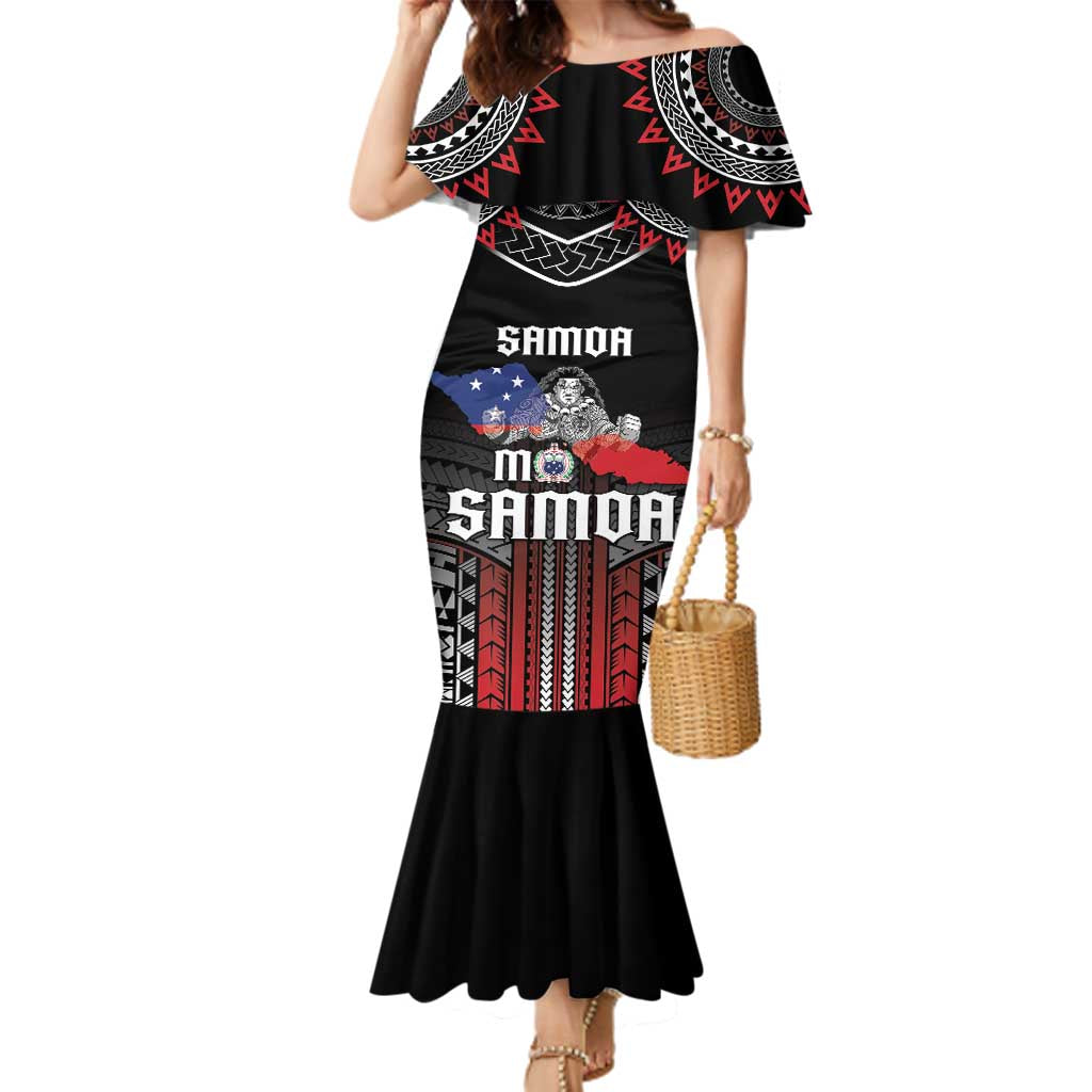 Personalised Samoa Black Saturday Family Matching Mermaid Dress and Hawaiian Shirt Samoan Warrior Tribal Pattern LT05 Mom's Dress Black - Polynesian Pride