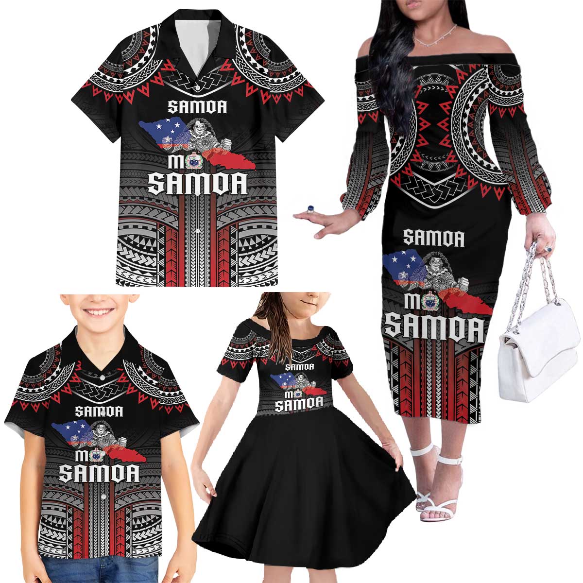 Personalised Samoa Black Saturday Family Matching Off The Shoulder Long Sleeve Dress and Hawaiian Shirt Samoan Warrior Tribal Pattern LT05 - Polynesian Pride