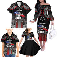 Personalised Samoa Black Saturday Family Matching Off The Shoulder Long Sleeve Dress and Hawaiian Shirt Samoan Warrior Tribal Pattern LT05 - Polynesian Pride