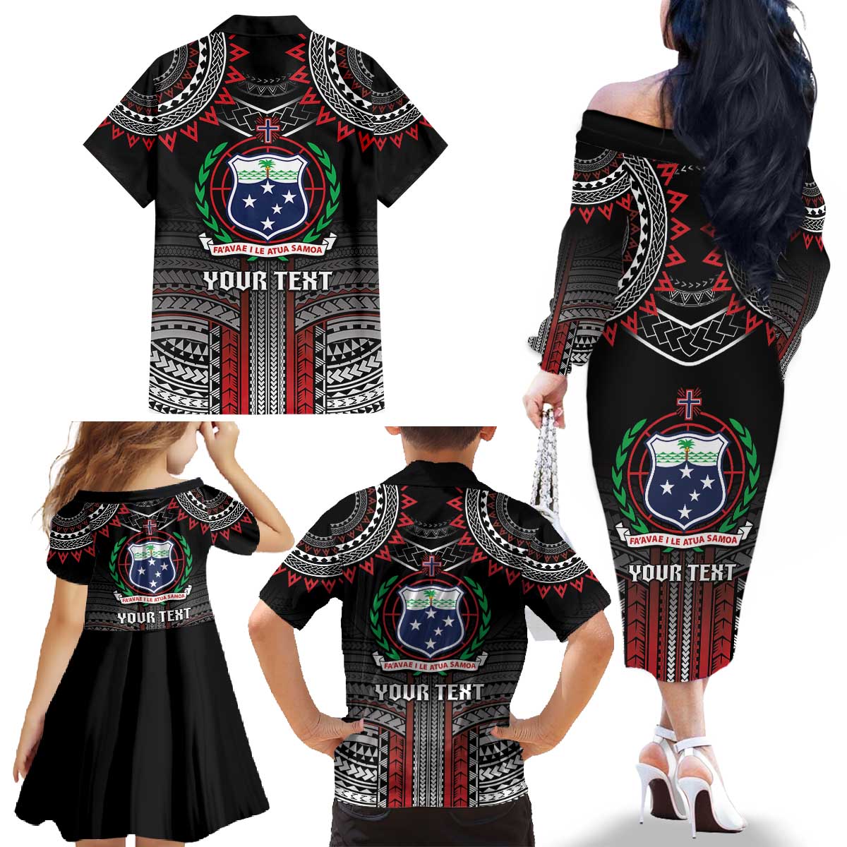 Personalised Samoa Black Saturday Family Matching Off The Shoulder Long Sleeve Dress and Hawaiian Shirt Samoan Warrior Tribal Pattern LT05 - Polynesian Pride
