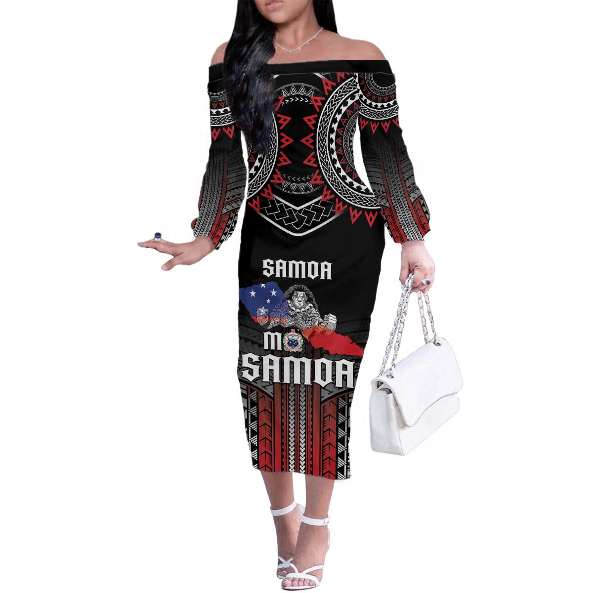 Personalised Samoa Black Saturday Family Matching Off The Shoulder Long Sleeve Dress and Hawaiian Shirt Samoan Warrior Tribal Pattern LT05 Mom's Dress Black - Polynesian Pride