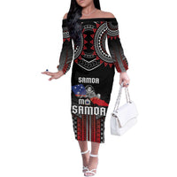 Personalised Samoa Black Saturday Family Matching Off The Shoulder Long Sleeve Dress and Hawaiian Shirt Samoan Warrior Tribal Pattern LT05 Mom's Dress Black - Polynesian Pride