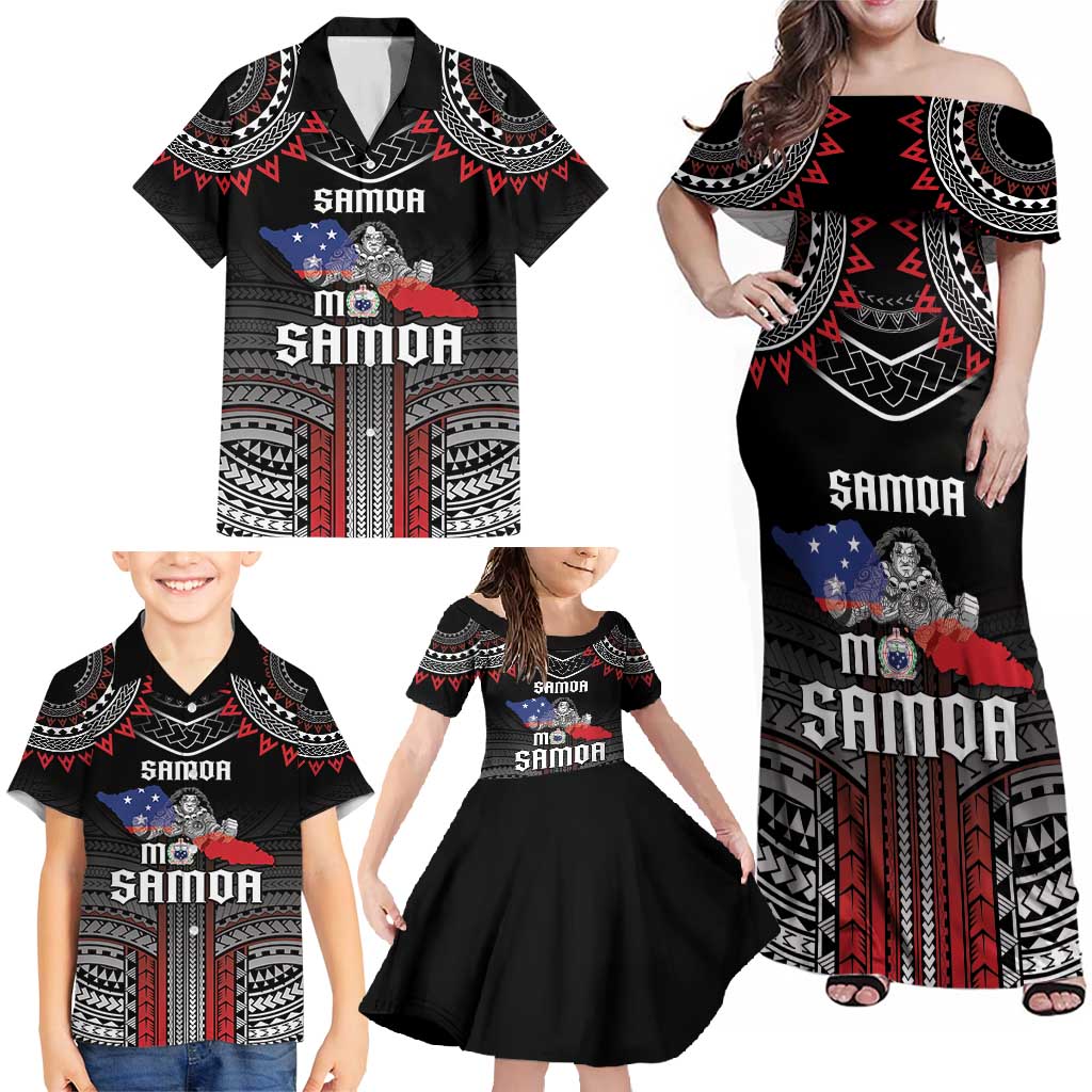 Personalised Samoa Black Saturday Family Matching Off Shoulder Maxi Dress and Hawaiian Shirt Samoan Warrior Tribal Pattern LT05 - Polynesian Pride