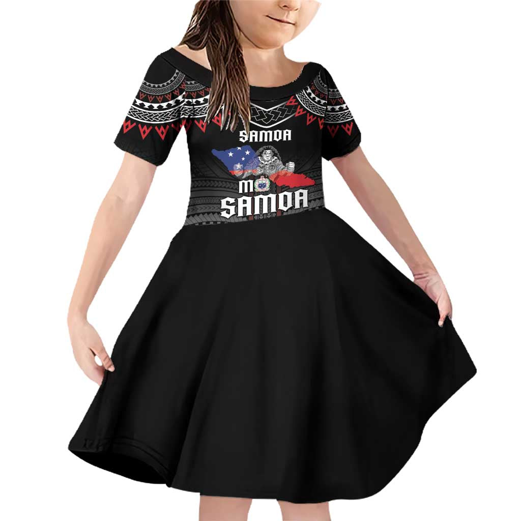 Personalised Samoa Black Saturday Family Matching Off Shoulder Short Dress and Hawaiian Shirt Samoan Warrior Tribal Pattern LT05 Daughter's Dress Black - Polynesian Pride