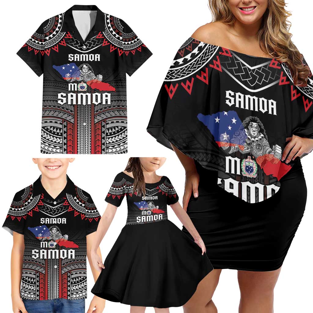 Personalised Samoa Black Saturday Family Matching Off Shoulder Short Dress and Hawaiian Shirt Samoan Warrior Tribal Pattern LT05 - Polynesian Pride