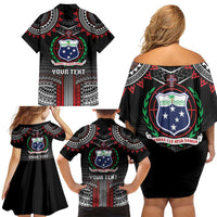 Personalised Samoa Black Saturday Family Matching Off Shoulder Short Dress and Hawaiian Shirt Samoan Warrior Tribal Pattern LT05 - Polynesian Pride