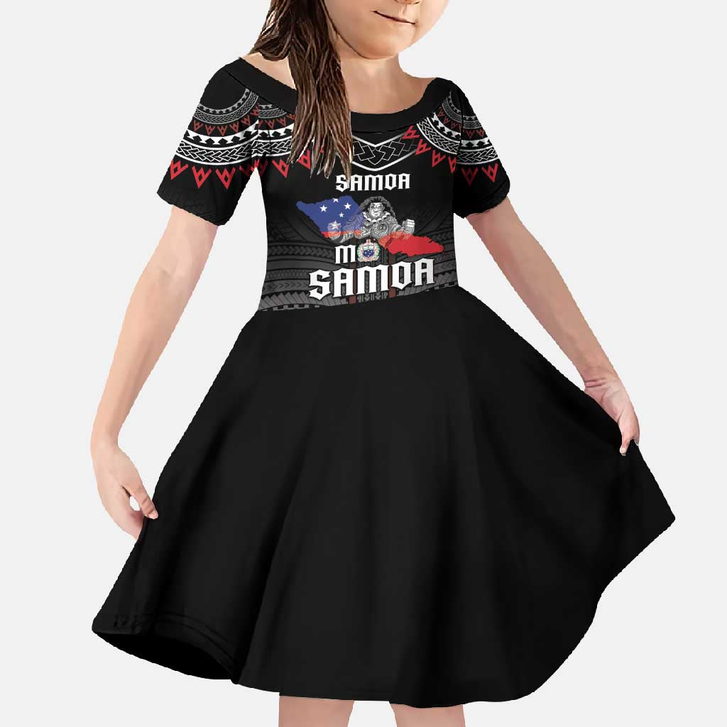 Personalised Samoa Black Saturday Family Matching Short Sleeve Bodycon Dress and Hawaiian Shirt Samoan Warrior Tribal Pattern LT05 Daughter's Dress Black - Polynesian Pride