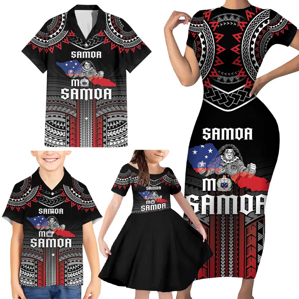 Personalised Samoa Black Saturday Family Matching Short Sleeve Bodycon Dress and Hawaiian Shirt Samoan Warrior Tribal Pattern LT05 - Polynesian Pride
