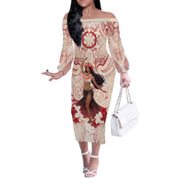 Tahiti Women's Day Family Matching Off Shoulder Long Sleeve Dress and Hawaiian Shirt With Polynesian Pattern LT05 Mom's Dress Beige - Polynesian Pride