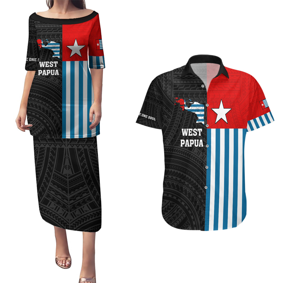 Personalised West Papua Couples Matching Puletasi and Hawaiian Shirt Polynesian Pattern With Coat Of Arms LT05 Blue - Polynesian Pride