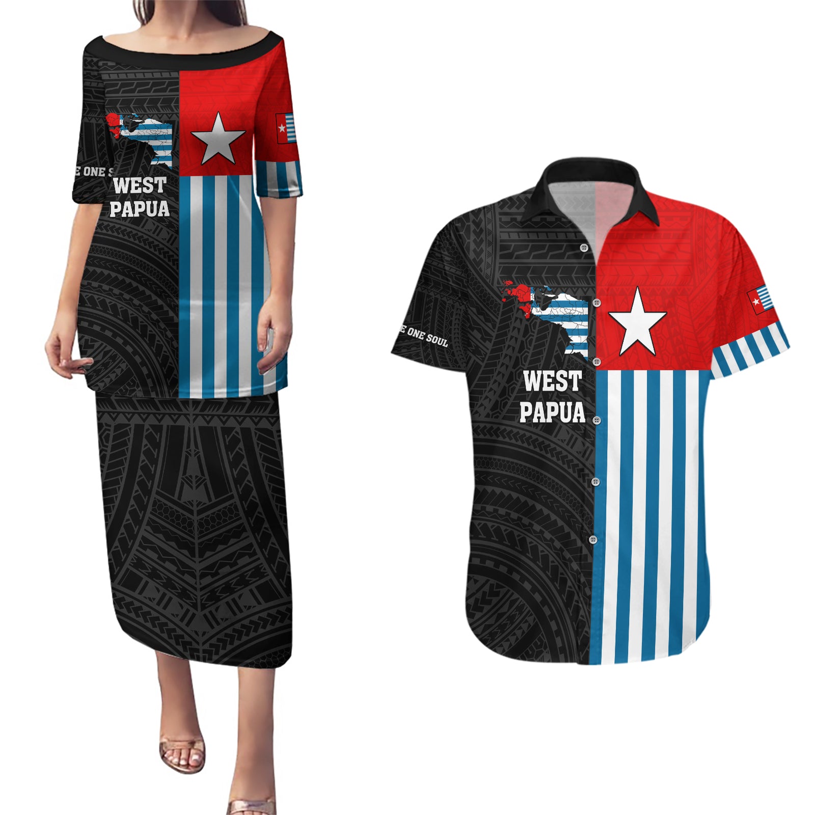 Personalised West Papua Couples Matching Puletasi and Hawaiian Shirt Polynesian Pattern With Coat Of Arms LT05 Blue - Polynesian Pride