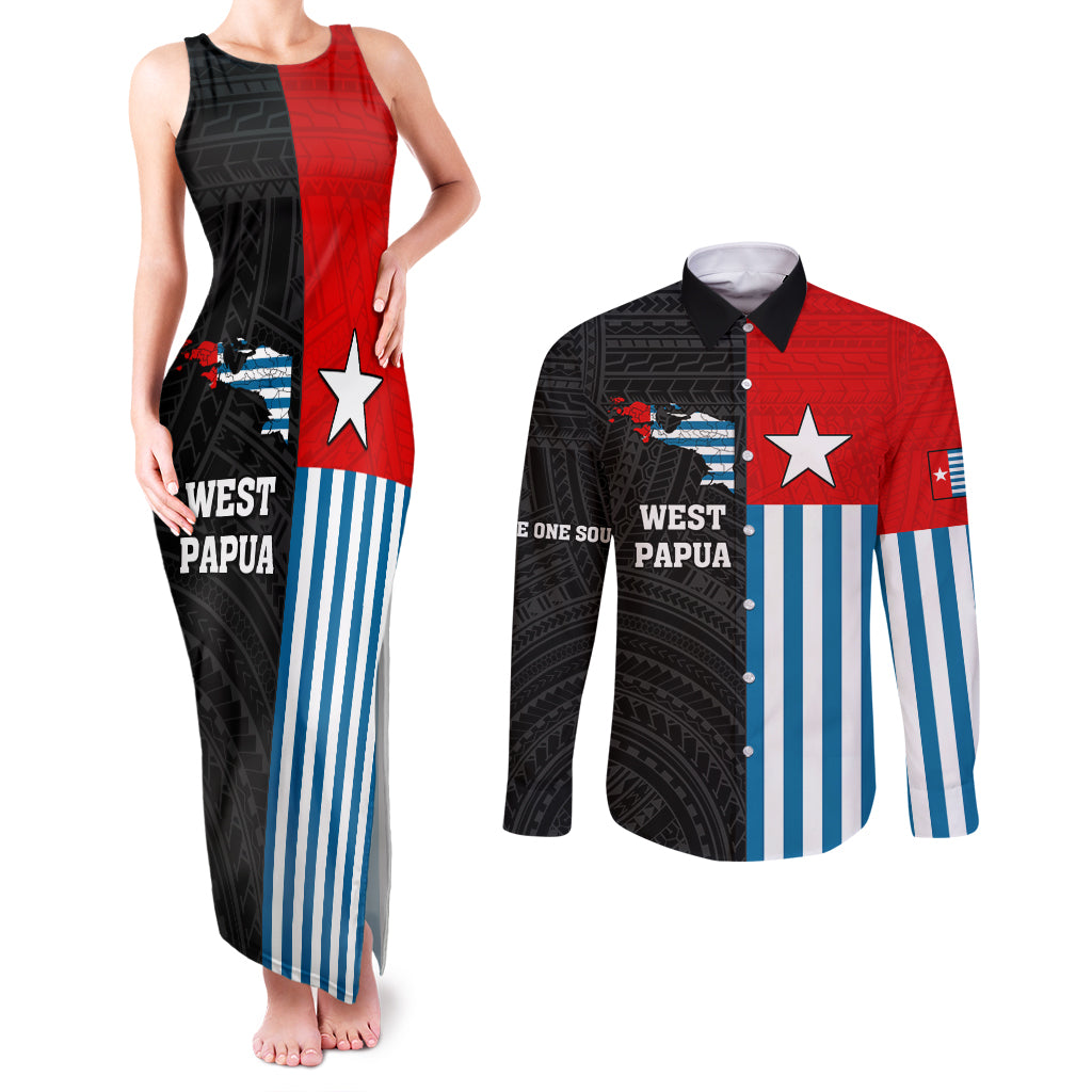 Personalised West Papua Couples Matching Tank Maxi Dress and Long Sleeve Button Shirt Polynesian Pattern With Coat Of Arms LT05 Blue - Polynesian Pride