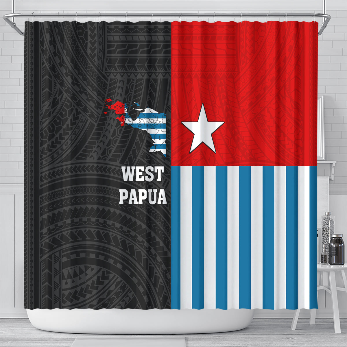 West Papua Shower Curtain Polynesian Pattern With Coat Of Arms LT05 - Polynesian Pride
