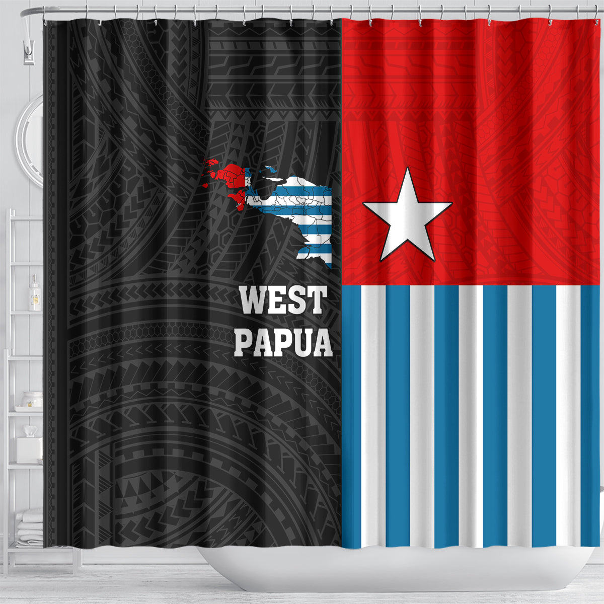 West Papua Shower Curtain Polynesian Pattern With Coat Of Arms LT05 - Polynesian Pride