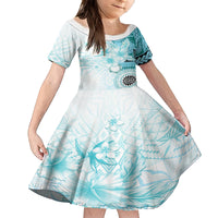 Samoa Siapo Pattern With Teal Hibiscus Kid Short Sleeve Dress LT05 KID Teal - Polynesian Pride
