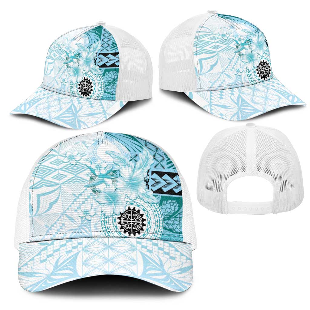 Samoa Siapo Pattern With Teal Hibiscus Mesh Trucker Cap - Polynesian Pride