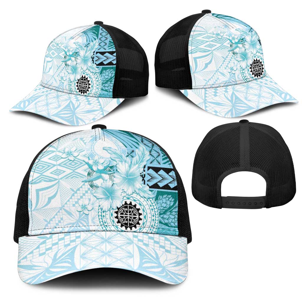 Samoa Siapo Pattern With Teal Hibiscus Mesh Trucker Cap - Polynesian Pride