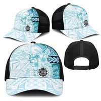 Samoa Siapo Pattern With Teal Hibiscus Mesh Trucker Cap - Polynesian Pride