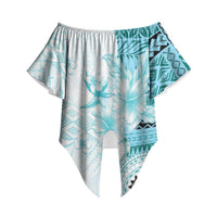 Samoa Siapo Pattern With Teal Hibiscus Off Shoulder Wrap Waist Top LT05 Teal - Polynesian Pride