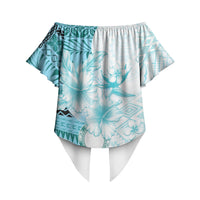 Samoa Siapo Pattern With Teal Hibiscus Off Shoulder Wrap Waist Top LT05 - Polynesian Pride