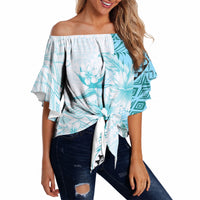Samoa Siapo Pattern With Teal Hibiscus Off Shoulder Wrap Waist Top LT05 - Polynesian Pride