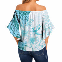 Samoa Siapo Pattern With Teal Hibiscus Off Shoulder Wrap Waist Top LT05 - Polynesian Pride