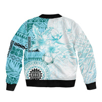 Samoa Siapo Pattern With Teal Hibiscus Sleeve Zip Bomber Jacket LT05 - Polynesian Pride