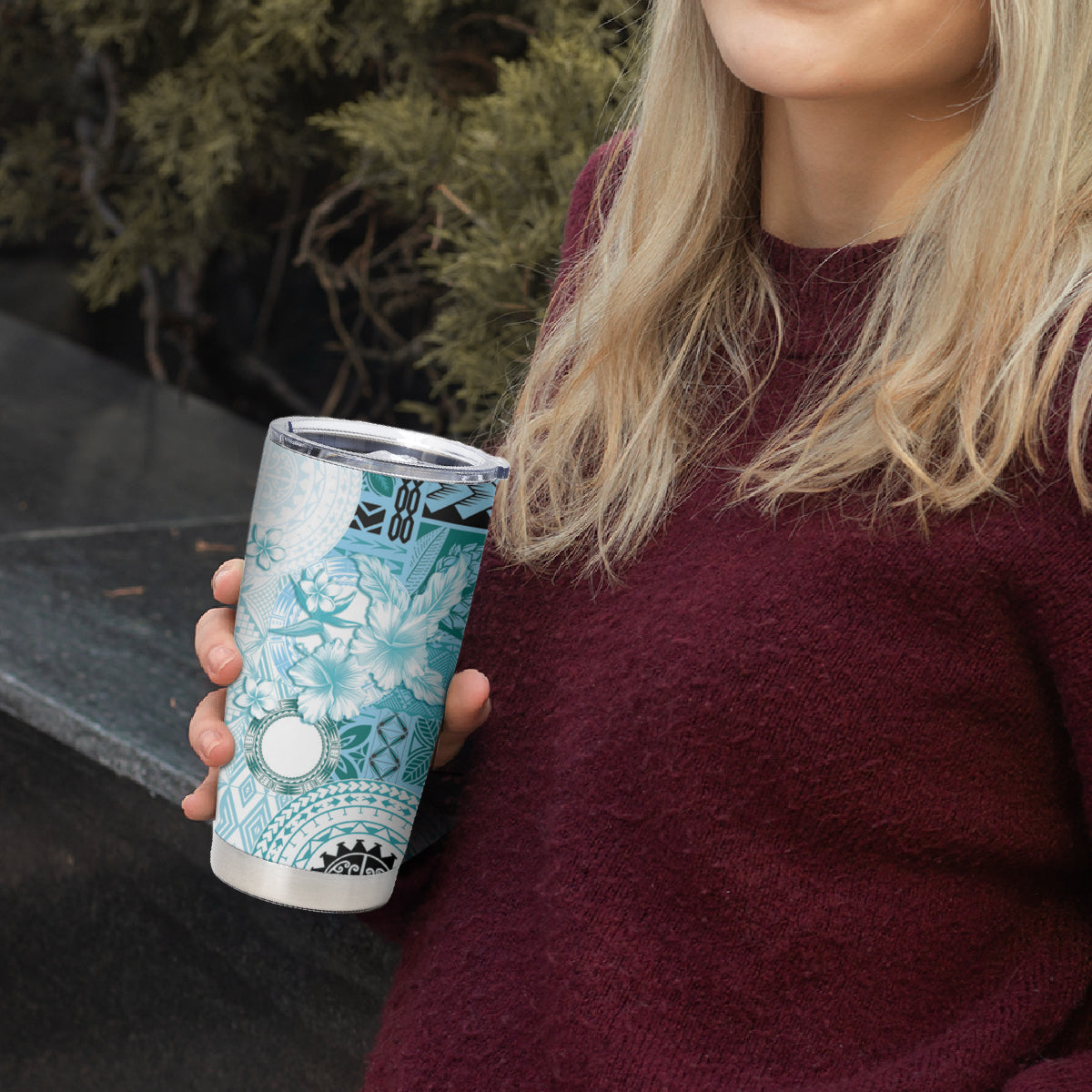 Samoa Siapo Pattern With Teal Hibiscus Tumbler Cup