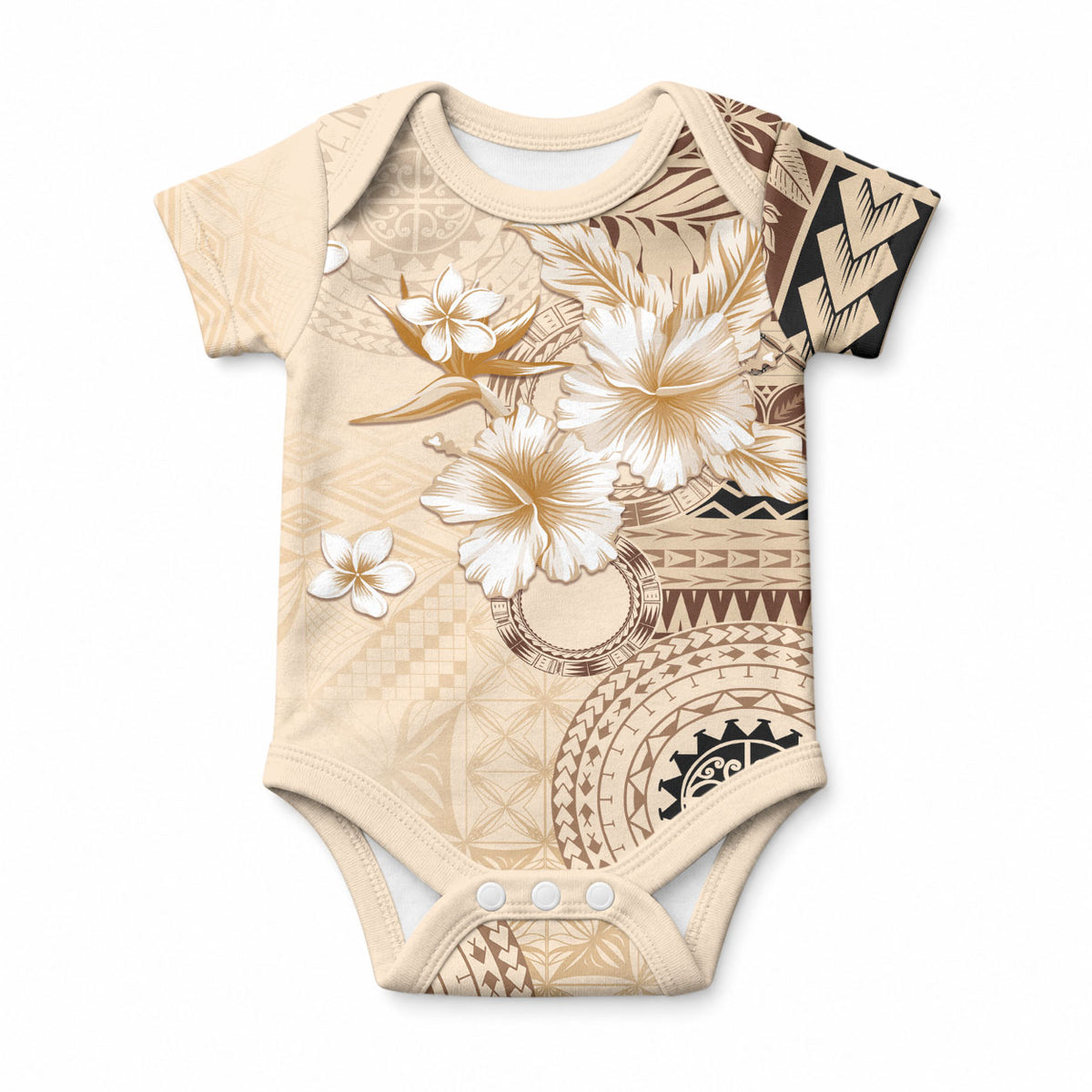 Samoa Siapo Pattern With Beige Hibiscus Baby Onesie