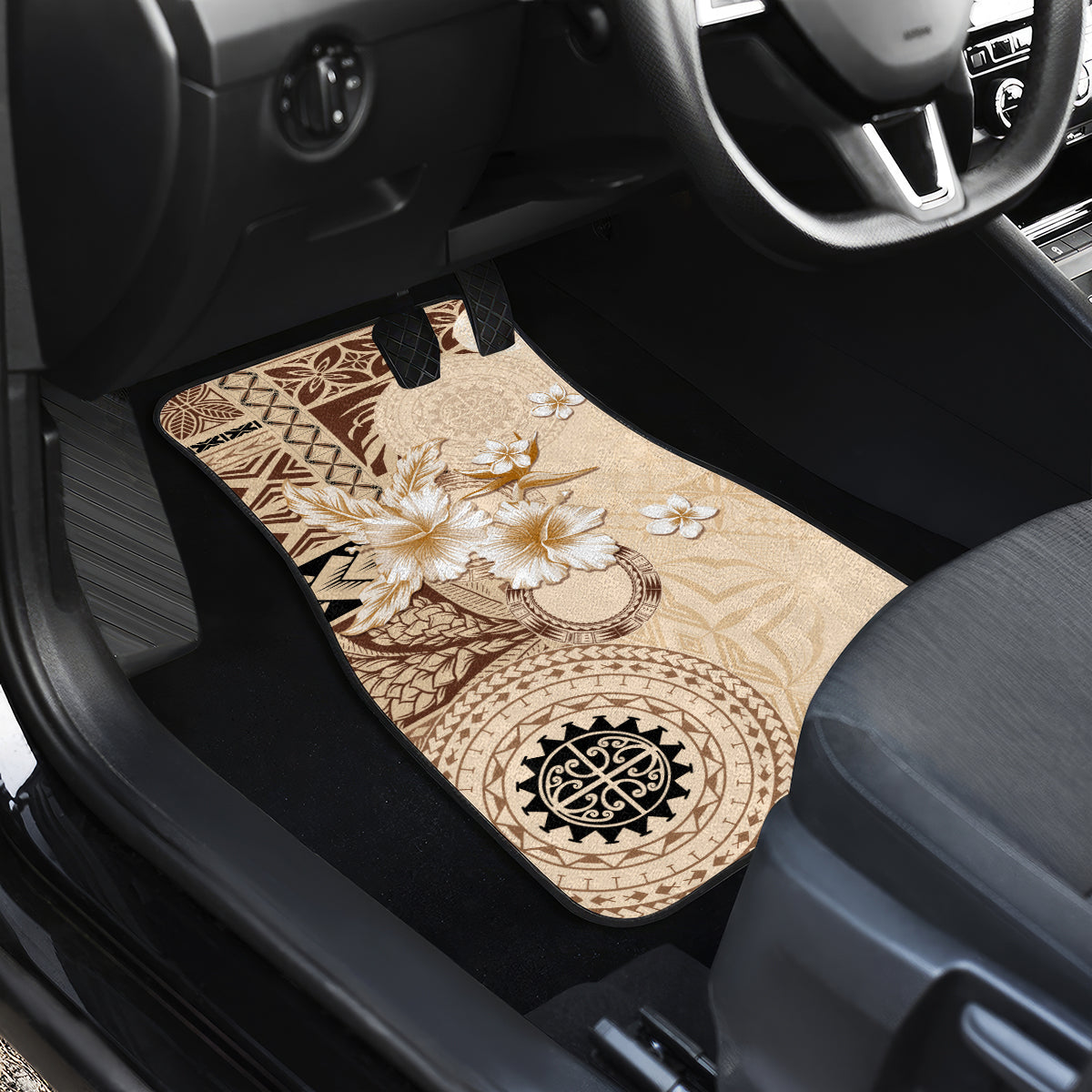Samoa Siapo Pattern With Beige Hibiscus Car Mats