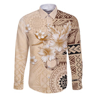 Samoa Siapo Pattern With Beige Hibiscus Family Matching Off Shoulder Maxi Dress and Hawaiian Shirt LT05 Dad's Shirt - Long Sleeve Beige - Polynesian Pride