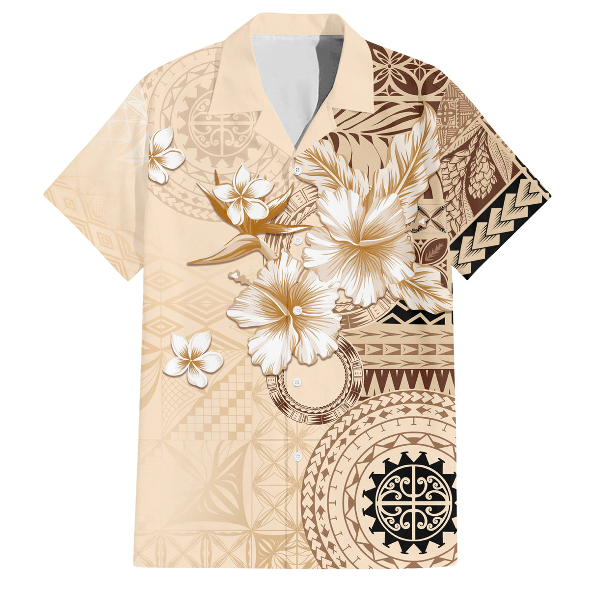 Samoa Siapo Pattern With Beige Hibiscus Family Matching Short Sleeve Bodycon Dress and Hawaiian Shirt LT05 Dad's Shirt - Short Sleeve Beige - Polynesian Pride