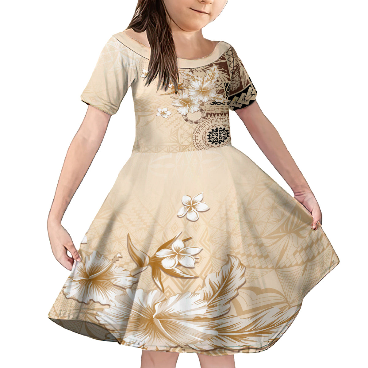 Samoa Siapo Pattern With Beige Hibiscus Family Matching Summer Maxi Dress and Hawaiian Shirt LT05 Daughter's Dress Beige - Polynesian Pride