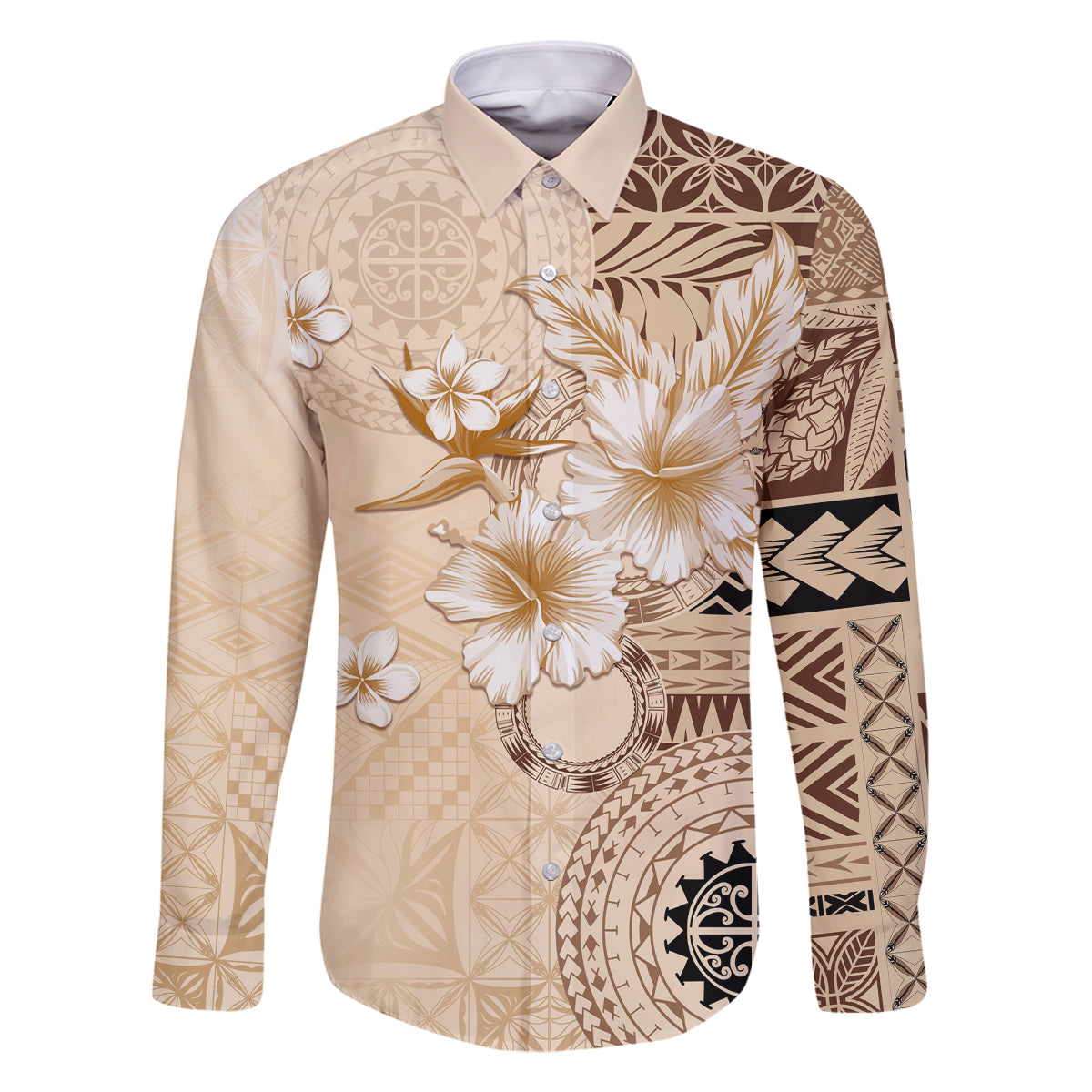 Samoa Siapo Pattern With Beige Hibiscus Family Matching Tank Maxi Dress and Hawaiian Shirt LT05 Dad's Shirt - Long Sleeve Beige - Polynesian Pride