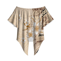 Samoa Siapo Pattern With Beige Hibiscus Off Shoulder Wrap Waist Top LT05 Beige - Polynesian Pride