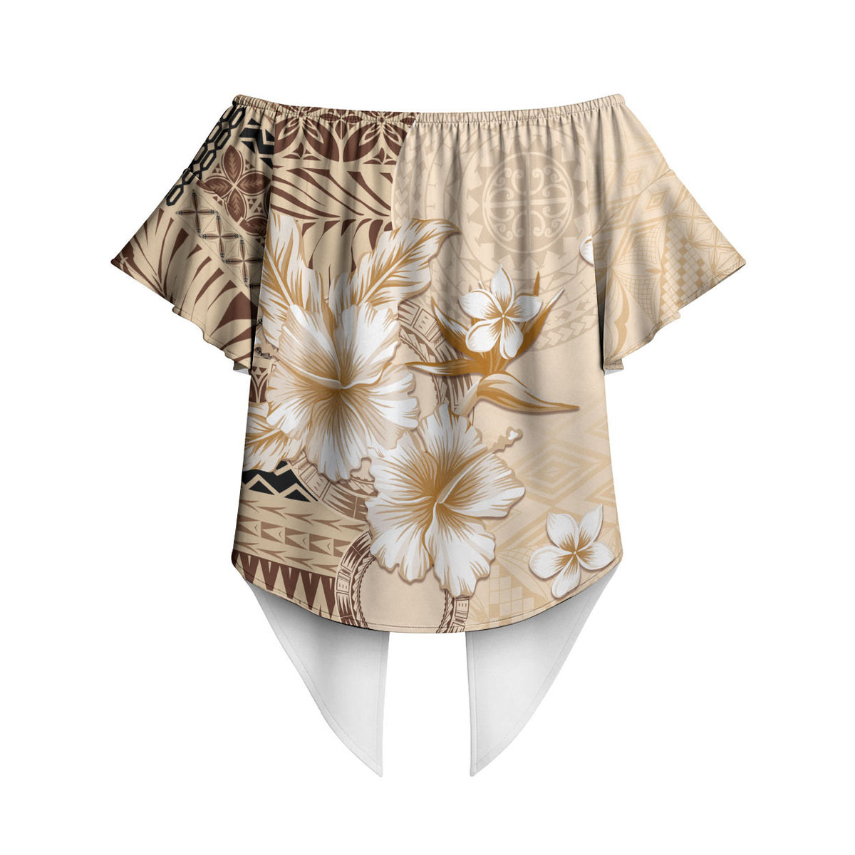 Samoa Siapo Pattern With Beige Hibiscus Off Shoulder Wrap Waist Top LT05 - Polynesian Pride