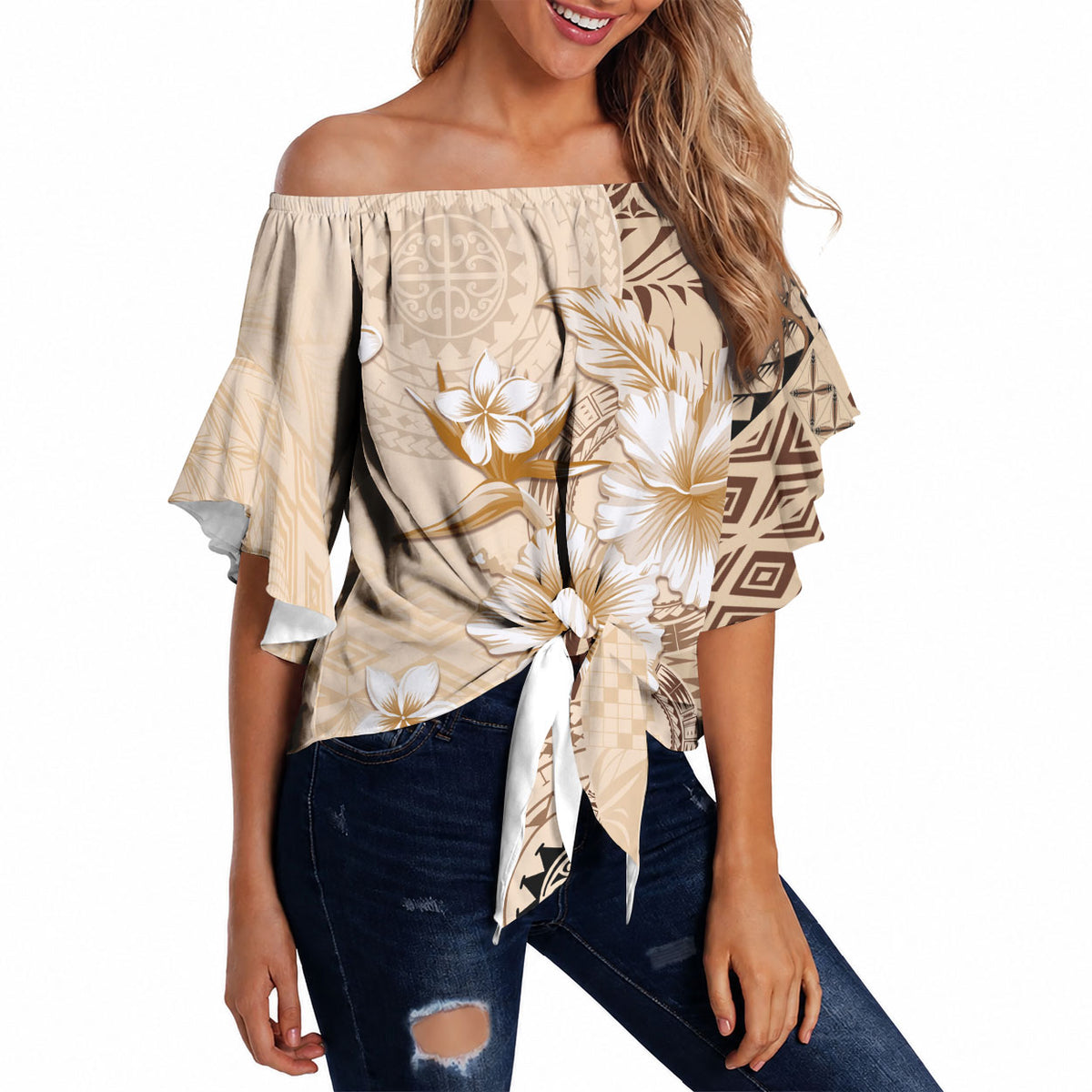 Samoa Siapo Pattern With Beige Hibiscus Off Shoulder Wrap Waist Top LT05 - Polynesian Pride