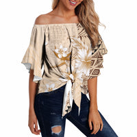 Samoa Siapo Pattern With Beige Hibiscus Off Shoulder Wrap Waist Top LT05 - Polynesian Pride