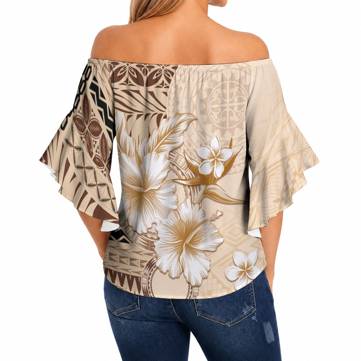 Samoa Siapo Pattern With Beige Hibiscus Off Shoulder Wrap Waist Top LT05 - Polynesian Pride