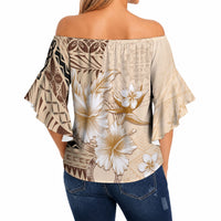 Samoa Siapo Pattern With Beige Hibiscus Off Shoulder Wrap Waist Top LT05 - Polynesian Pride