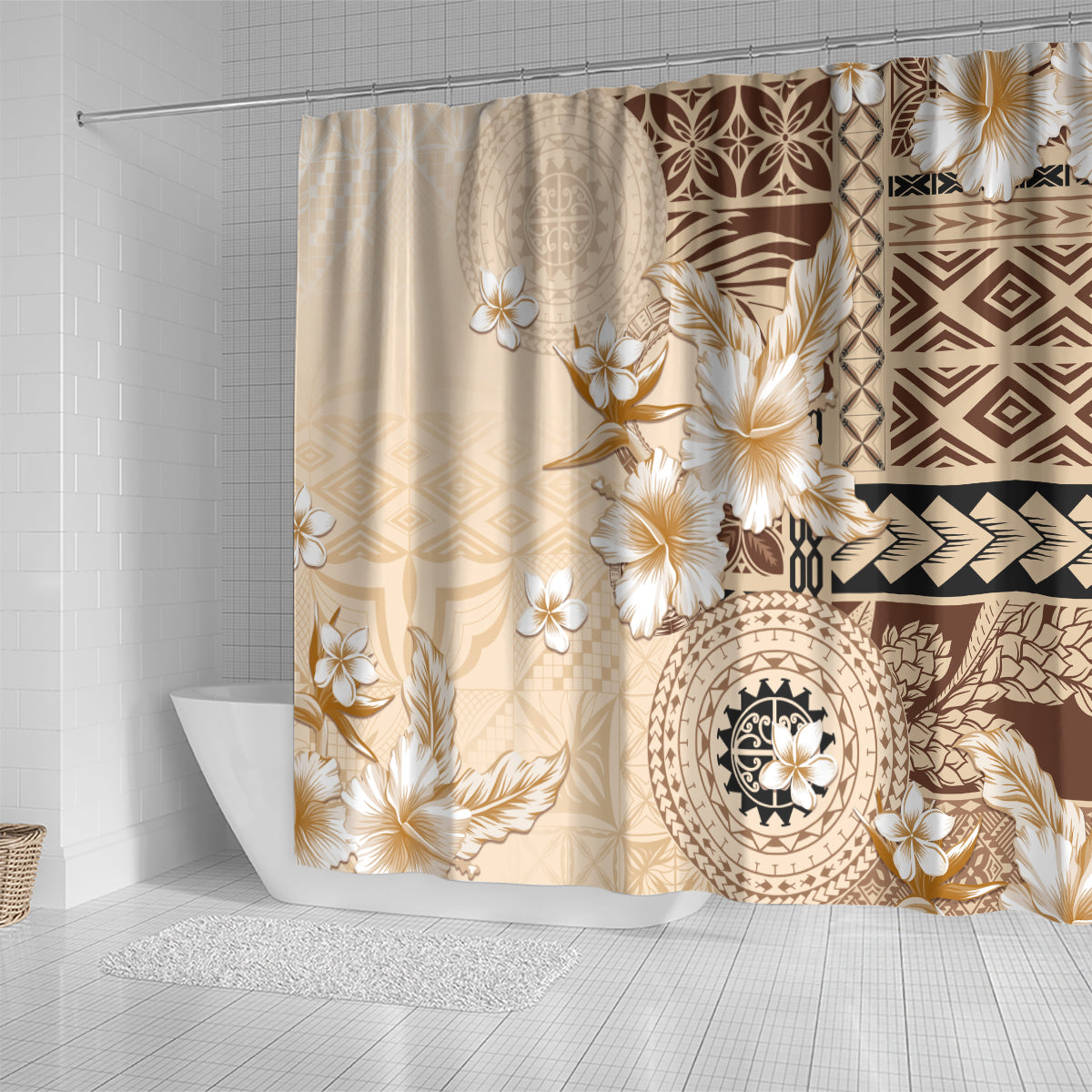 Samoa Siapo Pattern With Beige Hibiscus Shower Curtain